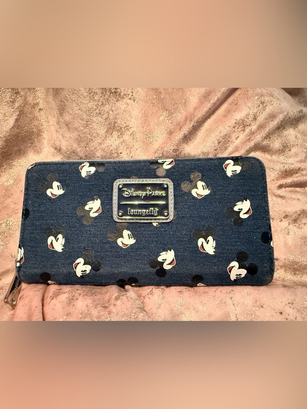 Loungefly Navy Denim Mickey Faces Zip Wallet